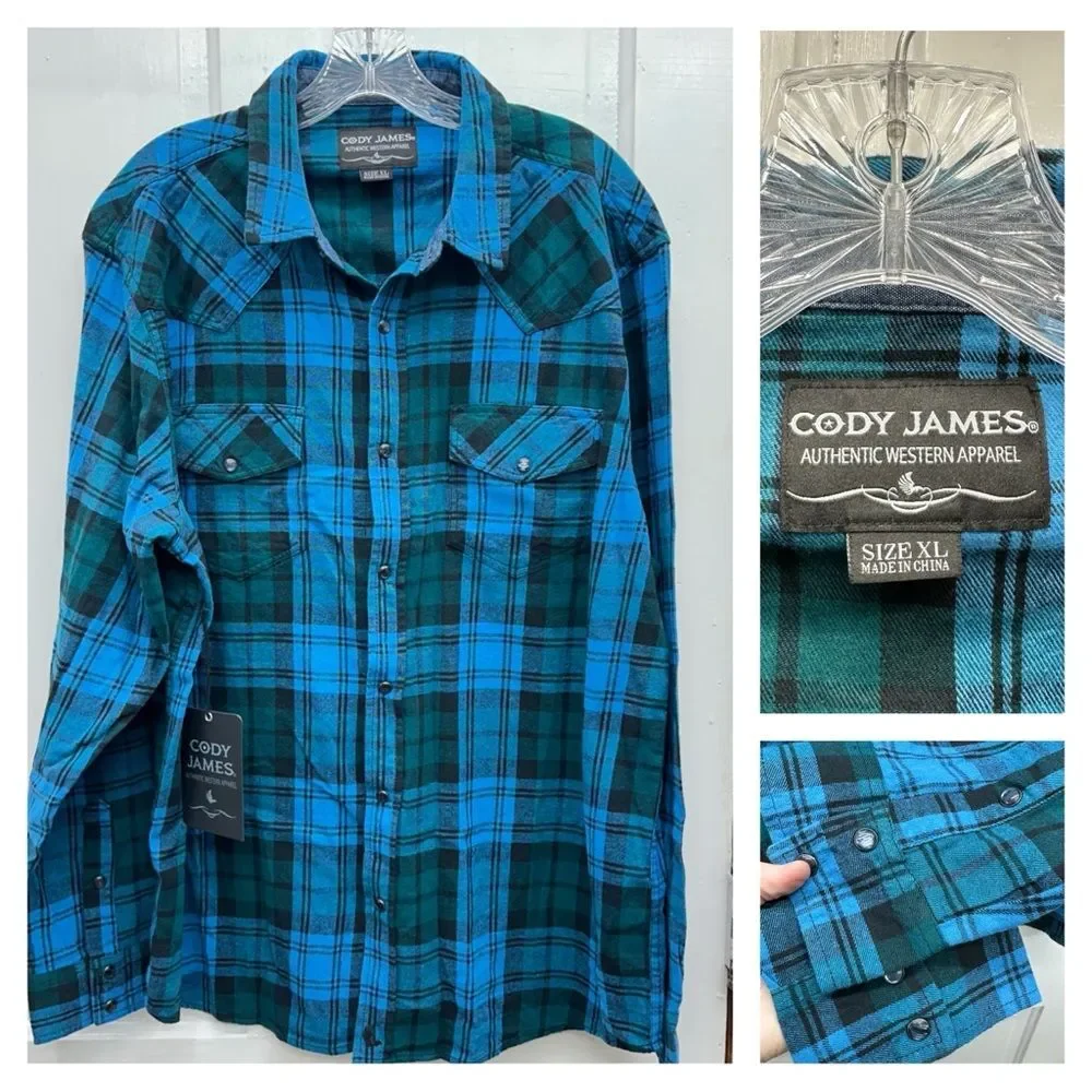NWT Cody James‎ western wear flannel plaid pearl snap long sleeve shirt men's xl